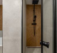 A bathroom in a 3-room apartment with a wooden decor floor and a modern shower enclosure.