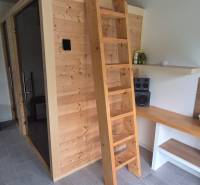 Interior of a family house with a wooden sauna, ladder, and stereo equipment.