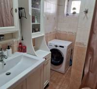 A bathroom in a family house with a sink, washing machine, and cabinet in neutral shades.