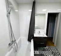 Bathroom with a bathtub, shower, sink, and patterned tiles in a family house.