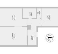 Floor plan of a 2-room apartment with a bedroom, living room, kitchen, bathroom, and toilet.