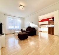 Living room in a two-room apartment with a brown couch and a floor with a wood decor.