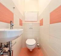 A bathroom in a 2-room apartment with a sink and pastel tiles.