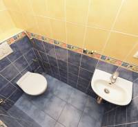 Bathroom in a family house with tiles and a toilet.