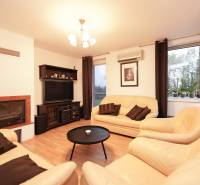 Living room in a family house with a fireplace, leather sofas, and a floor with a wood decor.