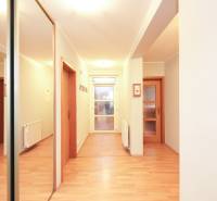 Interior of a family house with a wooden decor floor, a mirror, and wooden doors.