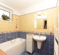 A bathroom in a family house with a bathtub, a sink, tiles, and a window with a flower.