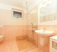 A bathroom in a family house with a toilet, shower, and sink on light tiles.
