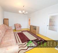 A living room in a four-room apartment with carpet decor and simple furniture.