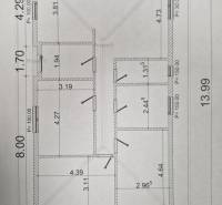 Floor plan of a family house in Cífer with room dimensions and marked walls.