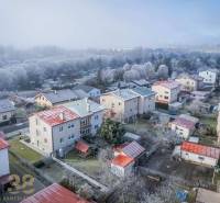 Family houses in the winter environment of Poprad surrounded by sparse forest and frozen trees.