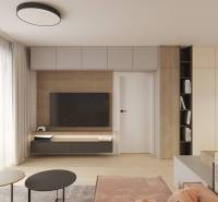 Living room with TV, wooden decor flooring, light curtains, furniture, and a bookshelf.