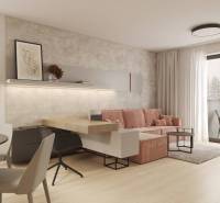 Living room with a beige wall, pink sofa, and wood-patterned floor.