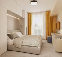 A bedroom with a large bed, yellow curtains, and stylish furniture.