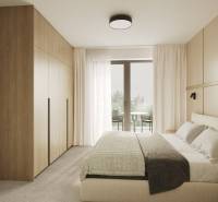 Bright bedroom with a bed, built-in wardrobe, and a view of the balcony through glass doors.