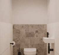 A toilet with a wall-hung bowl and patterned tiles in a building, elegant design.