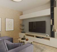 Living room interior with a comfortable couch, television, paintings, and a wooden-patterned floor.