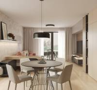 Living room with a dining table, wood-patterned floor, and a balcony.