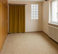 A room in a family house with a carpet, a built-in wardrobe, and a curtain.