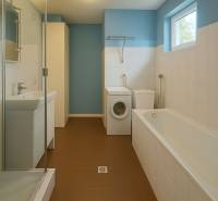 A bathroom with a bathtub, shower, and washing machine in a family house with blue walls.
