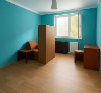 A room in a family house with a wooden decor floor and turquoise walls.