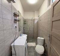 A bathroom in a studio apartment with a washing machine, sink, and shower in neutral tones.