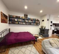 Interior of a 1-room apartment with bookshelves, a fireplace, wood-patterned flooring, and a kitchen.