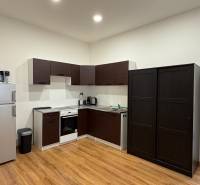 A kitchen in a studio apartment with white walls, wooden floor decor, and appliances.