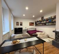 Living area of a studio apartment with a bookshelf, sofa, and bed, floor with wood decor.