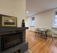 Fireplace and dining table in a studio apartment with wood-patterned flooring.