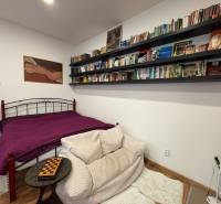 A studio apartment with a library, art on the wall, and a bed with a purple throw.