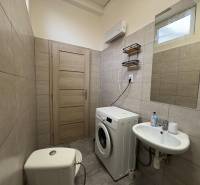 Bathroom with a washing machine and a sink in a studio apartment with tiling.