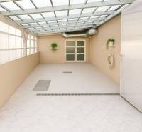 Covered terrace with plants, doors, and drainage in the building.