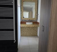 Bathroom with a sink, mosaic, and towel rack, floor with wood decor.