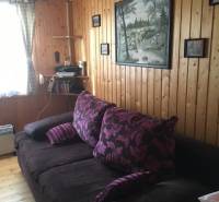 A wall paneled with wood with a sofa, a painting, and a shelf in a cabin.