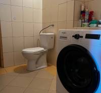 A bathroom in a family house with a toilet and a washing machine on the tiles.