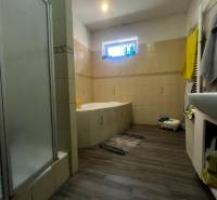 A bathroom in a family house with a bathtub, shower corner, and wooden floor decor.