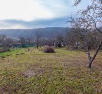 A garden with fruit trees near a cottage in Prešov surrounded by hills and a fence.