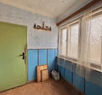Interior of a family house with wood-patterned flooring, blue walls, and green doors.