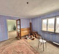 A room in a family house with blue wallpaper, old furniture, and a carpet.