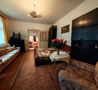Living room in a family house with sofas, TV, and wood-patterned flooring.