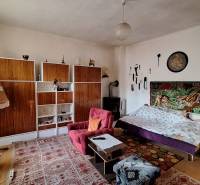 Living room in a family house with a carpet, sofa, and shelving storage system.