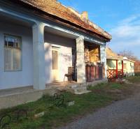 A family house in Rapovce with a blue facade and a large veranda. A yard with seating.