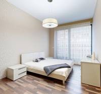 Bedroom with wood-patterned flooring and a large window in a 3-room apartment.