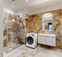 A bathroom in a 3-room apartment with a washing machine, sink, and shower. The walls have a marble pattern.