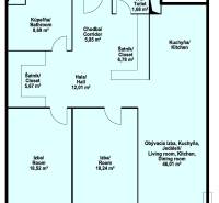 Floor plan of a 3-room apartment with a bathroom, hallway, hall, kitchen, and closets.