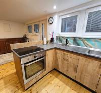 A kitchen in a studio apartment with a sink, electric oven, and wood-patterned flooring.