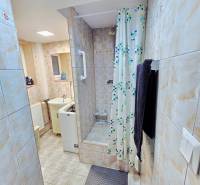 Bathroom in a studio apartment with tiles and a shower with a colorful curtain.