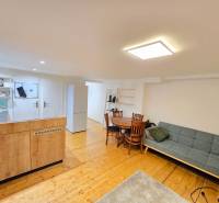 Living area of a studio apartment with a sofa, dining table, kitchen, and wooden decor flooring.