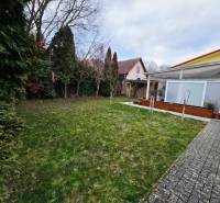 The garden at the house on Lesná Street in Banka with a lawn and terrace.